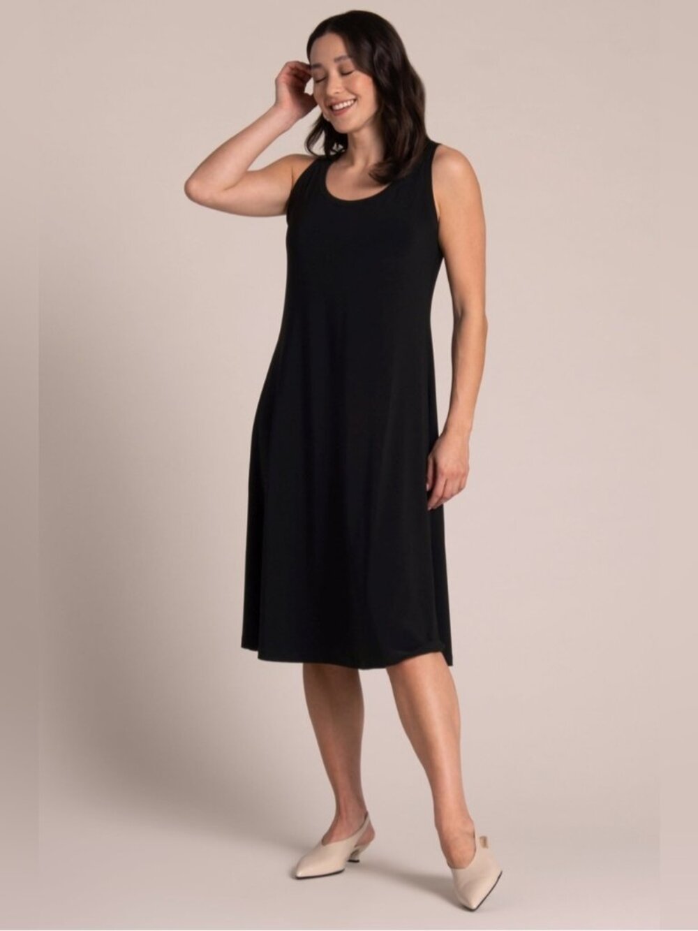 Sympli Nu Tank Dress Short Black Size 10 Scoop Neck Fit & Flare Stretch Travel